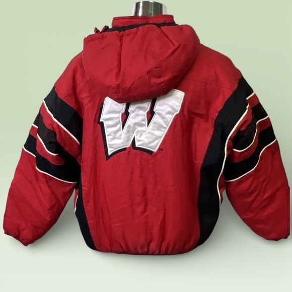Starter Wisconsin Badgers Puffer Anorak Jacket Mens XL Red Black White Spellout - Picture 4 of 6